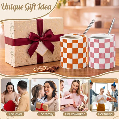 6 Pack Checkered Ceramic Coffee Mug with Sip Hole 10 oz Espresso Cup with Straws Retro Hand Painted Checkered Porcelain Coffee Tea Cup Cappuccino Latte Mug for Kitchen Dining Travel