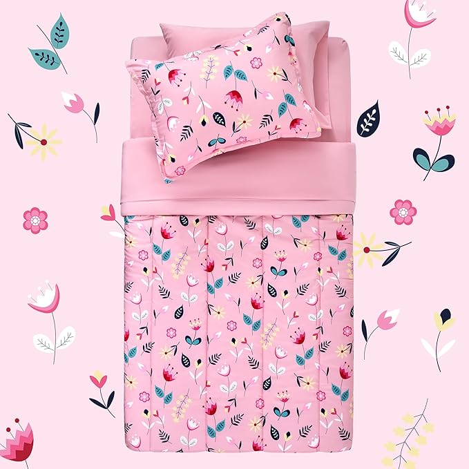 SLEEP ZONE Kids Bedding Comforter Set Full/Queen Size - Super Cute & Soft Kids Bedding 7 Pieces Set with Comforter, Sheet, Pillowcase & Sham (Pink Flower)