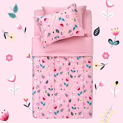 SLEEP ZONE Kids Bedding Comforter Set Full/Queen Size - Super Cute & Soft Kids Bedding 7 Pieces Set with Comforter, Sheet, Pillowcase & Sham (Pink Flower)