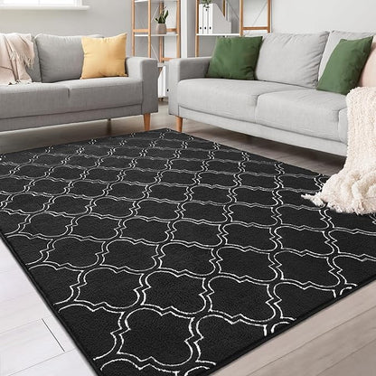 Chicrug Shag Geometric 6x9 Area Rug for Living Room, Large Modern Memory Foam Indoor Carpet, Fluffy Rug for Bedroom Bedside Room Decor for Family Girls Kids Nursery, Black/White