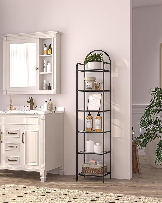 Bookcase Bookshelf, Tempered Glass Bookshelves, Slim Shelving Unit for Bedroom, Bathroom, Home Office, Steel Frame, 6 Tier Black BC10601B