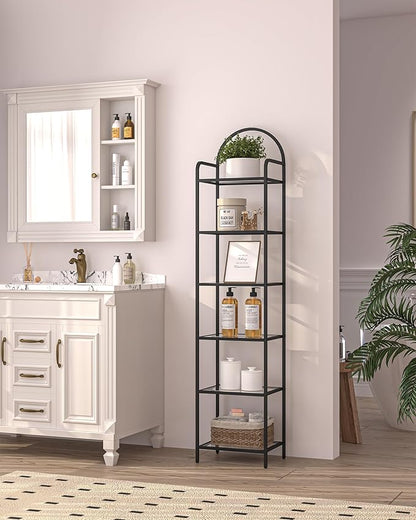 Bookcase Bookshelf, Tempered Glass Bookshelves, Slim Shelving Unit for Bedroom, Bathroom, Home Office, Steel Frame, 6 Tier Black BC10601B