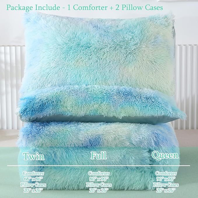 WINLIFE Shaggy Bedding Comforter Set Faux Fur Flannel Furry Comforter Long Hair Fluffy Plush Comforter Sets Ombre Blue Aqua Teal Bedding for Girls Adults (3Pcs, Full, Mint Green)