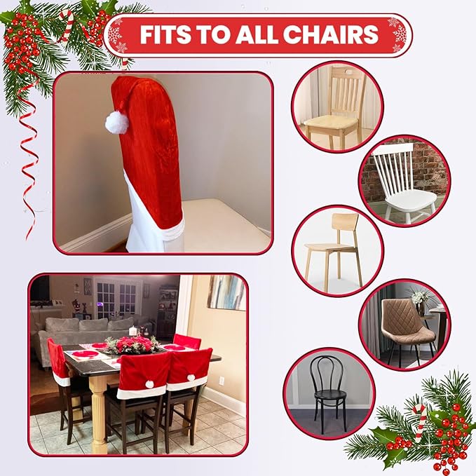 Christmas Chair Covers Set of 6,Red and White Santa Claus Hat Chair Back Covers for Xmas Holiday Festival Indoor Kitchen Bar Counter Stools Decorations Dining Room Table Decor