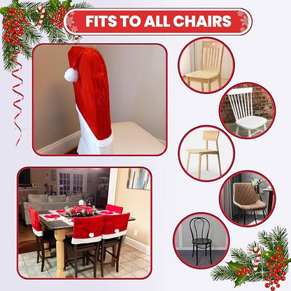 Christmas Chair Covers Set of 6,Red and White Santa Claus Hat Chair Back Covers for Xmas Holiday Festival Indoor Kitchen Bar Counter Stools Decorations Dining Room Table Decor