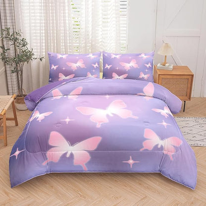 Tailor Shop Butterfly Comforter Sets King Size,Purple Pink Butterfly Bedding Sets for Girls Kids Teens with 2 Pillowcase…