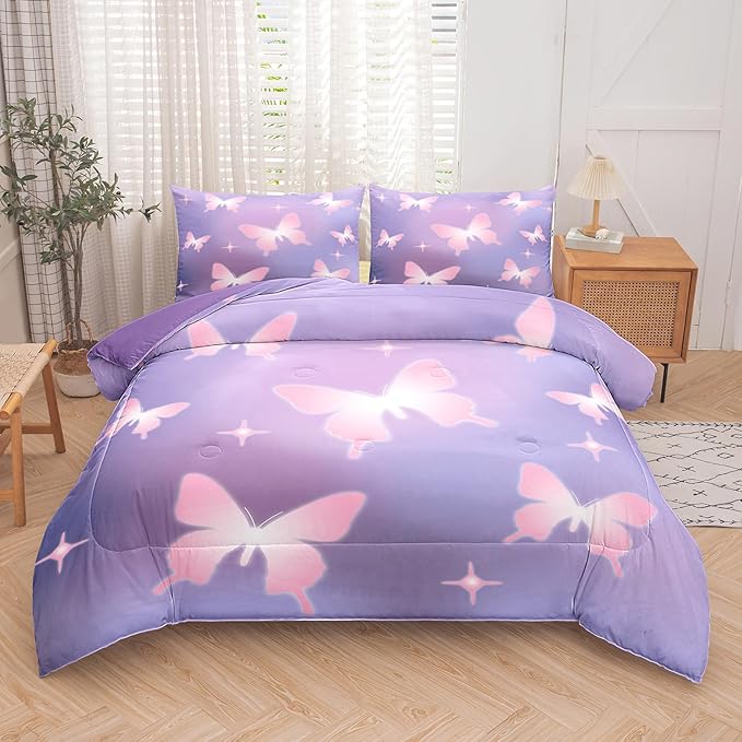 Tailor Shop Butterfly Comforter Sets Queen Size,Purple Pink Butterfly Bedding Sets for Girls Kids Teens with 2 Pillowcase…
