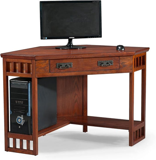 Leick Home 82430 Mission Corner Desk, Writing Computer Desk with Drop Front Keyboard Drawer, for Home Office, Solid Wood, Mission Oak