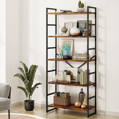 Shintenchi Bookshelf, 5 Tier Bookshelf, Tall Bookcase Shelf for CDs/Movies/Books, Home Office Bookcase Shelf Storage Organizer, Modern Book Shelf for Bedroom/Living Room/Home Office, Rustic Brown