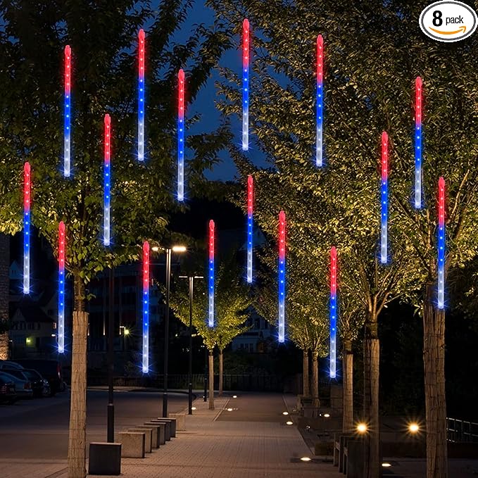 Dazzle Bright 4th of July Lights Decorations, 288LED Red Blue and White Meteor Shower Rain Lights 12Inch 8 Tubes, Waterproof Plug in Falling Rain Lights Independence Day for Outdoor Yard