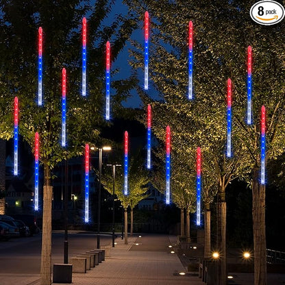 Dazzle Bright 4th of July Lights Decorations, 288LED Red Blue and White Meteor Shower Rain Lights 12Inch 8 Tubes, Waterproof Plug in Falling Rain Lights Independence Day for Outdoor Yard