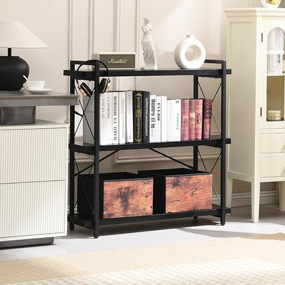 HCHQHS Bookshelf, 3-Tier Industrial Bookcase, Black Open Book Shelf, Freestanding Horizontal Bookshelves with Metal Frame