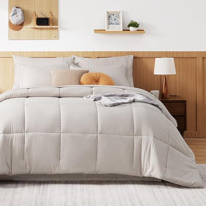 Bedsure Beige Queen Comforter Set - 7 Pieces Solid Queen Bed in a Bag, Queen Bed Set Beige with Comforters, Sheets, Pillowcases & Shams