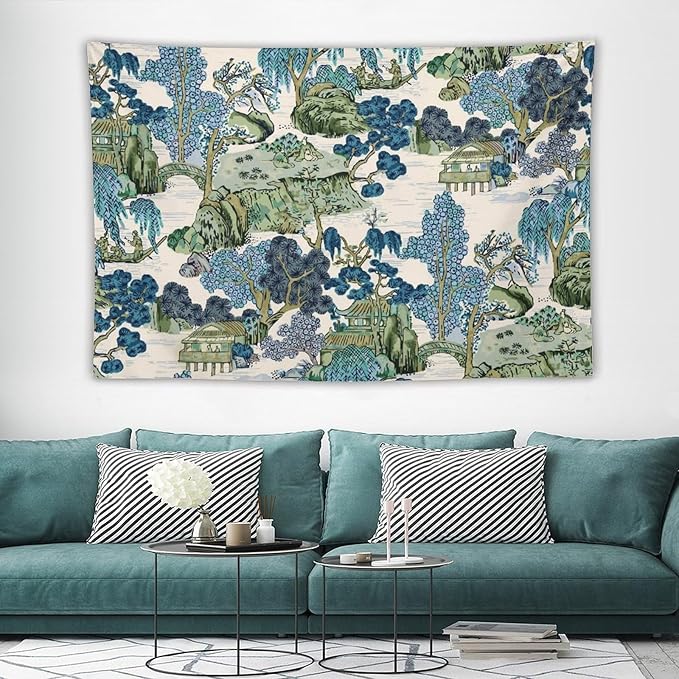 Chinoiserie Tapestry, Asian Watercolor Abstract Art, Japanese Wall Tapestry, Nature Landscape Tapestries for Bedroom, Living Room Decor 90"x60"