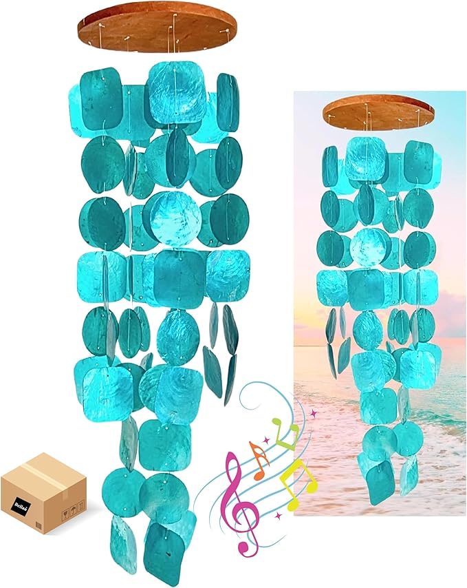 Bellaa 20744 Wind Chimes Outdoor, Garden Decorations, Musical, Indoor/Outside Windchimes, Beach, Ocean Breeze, Gifts for Mom, Gift for All Occasions, Capiz Sea Glass Shells Wood Turquoise Blue