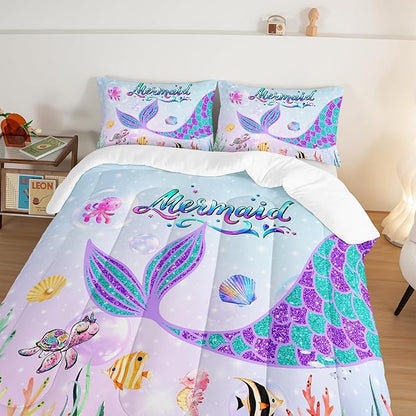 HOSIMA Mermaid Tail Comforter Set for Kids Girls Teens Bedroom Decor,Cartoon Scallop Sea Turtle Sea Horses Octopus Kawaii Bedding Set Mermaid Fish Scale King Size Comforter Set.Ocean Comforter