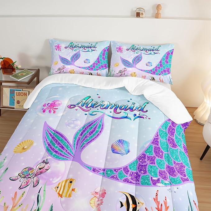 HOSIMA Mermaid Tail Comforter Set for Kids Girls Teens Bedroom Decor,Cartoon Scallop Sea Turtle Sea Horses Octopus Kawaii Bedding Set Mermaid Fish Scale Comforter,Ocean Full Size Bed in a Bag Set.