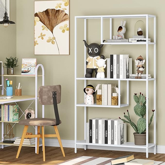 HOME BI Geometric Bookshelf, Tall Modern Etagere Bookcase, Industrial Metal Book Shelf with 5 Open Display Shelves for Office Living Room, White