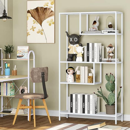 HOME BI Geometric Bookshelf, Tall Modern Etagere Bookcase, Industrial Metal Book Shelf with 5 Open Display Shelves for Office Living Room, White