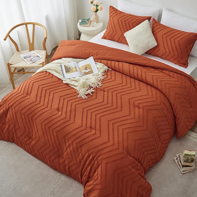 CozyLux King Size Comforter Set Burnt Orange - 3 Pieces Terracotta Boho Tufted Shabby Chic Bedding Comforter Set for All Seasons, Chevron Bedding Sets with Comforter & 2 Pillow Shams