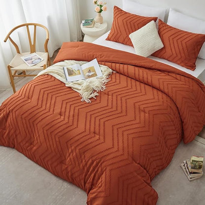 CozyLux Queen Comforter Set Burnt Orange - 3 Pieces Terracotta Boho Tufted Shabby Chic Bedding Comforter Set for All Seasons, Chevron Bedding Sets with Comforter & 2 Pillow Shams