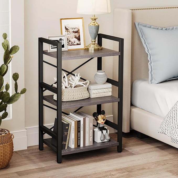 Bookshelf, 3 Tier Industrial Bookcase, Metal Small Bookcase, Rustic Etagere Book Shelf Storage Organizer for Living Room, Bedroom, and Home Office(Grey) Patent Pending D29873033
