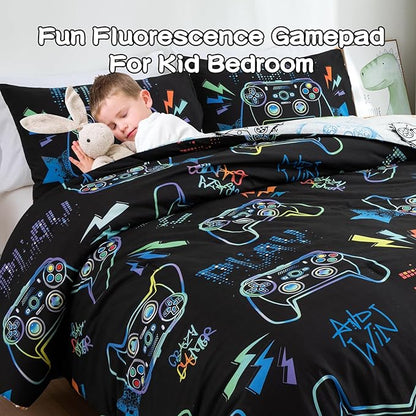 Meeting Story Gamer Gaming Bedding Sets Fluorescence Gamepad Comforter Set for Boys Games Console Action Buttons Novelty Colorful Modern Room Decor Home Quilt Set (Black, Twin)