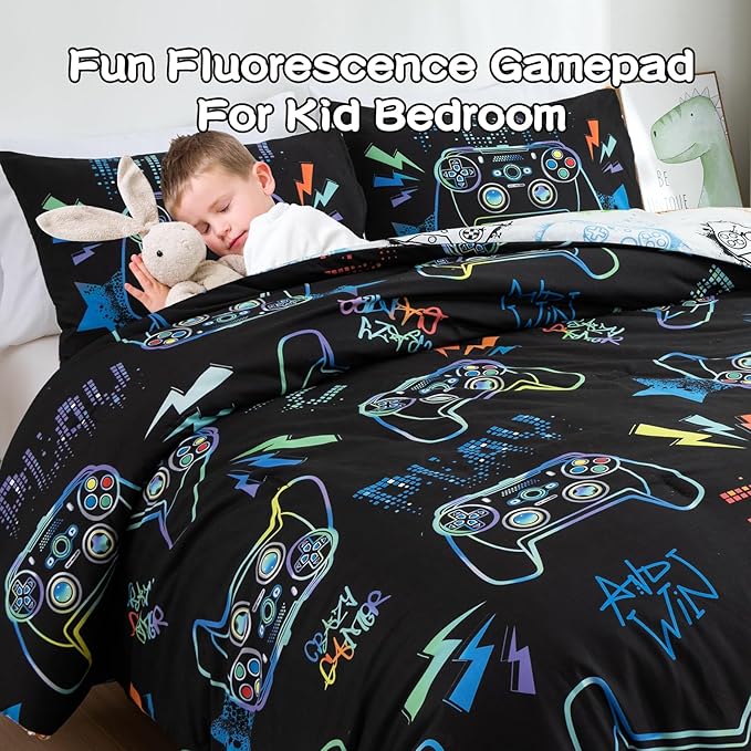 Meeting Story Gamer Gaming Bedding Sets Fluorescence Gamepad Comforter Set for Boys Games Console Action Buttons Novelty Colorful Modern Room Decor Home Quilt Set (Black, Queen)