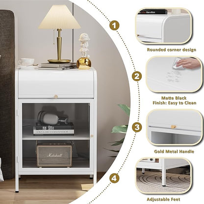 Modern Metal Side Tables, End Tables with Glass Door, 2-Tier Nightstands with Storage Shelves, Accent Table, Slim Sofa Table for Living Room, Bedroom (1, White)