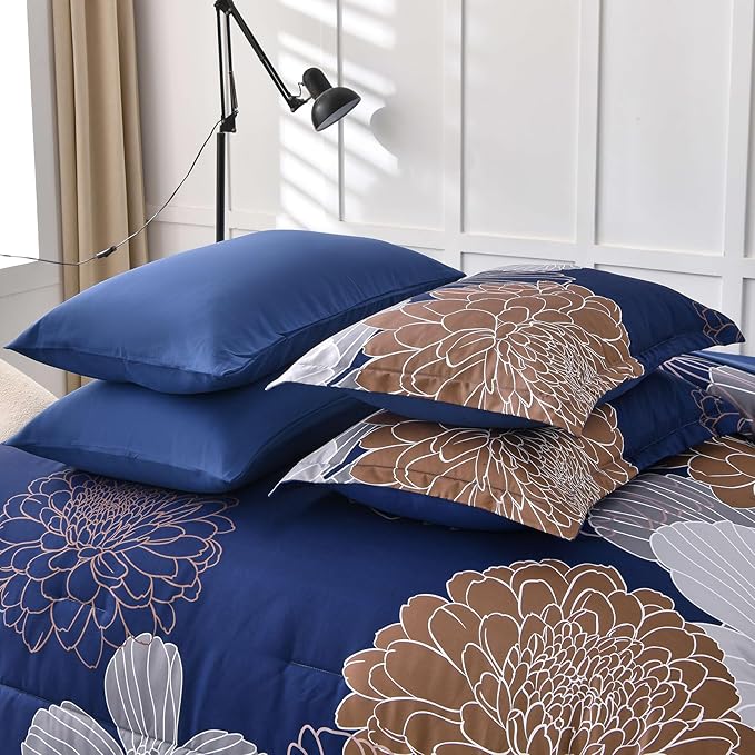 Yiran Navy Brown Comforter Set Queen Bed in a Bag 7 Pieces Floral Soft Microfiber Comforter Bedding Sets Bed Set with Comforter, Sheets, Pillowcases & Shams 90"×90"