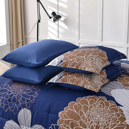 Yiran 7 Pieces Floral Comforter Bedding Sets Bed in a Bag Navy Brown Soft Microfiber Comforter Set with Comforter, Sheets, Pillowcases & Shams King Size 103"×90"