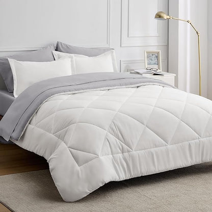 Bedsure Ivory Full Size Comforter Set - 7 Pieces Reversible Full Bed in a Bag, Full Bed Set Ivory and Grey with Comforters, Sheets, Pillowcases & Shams
