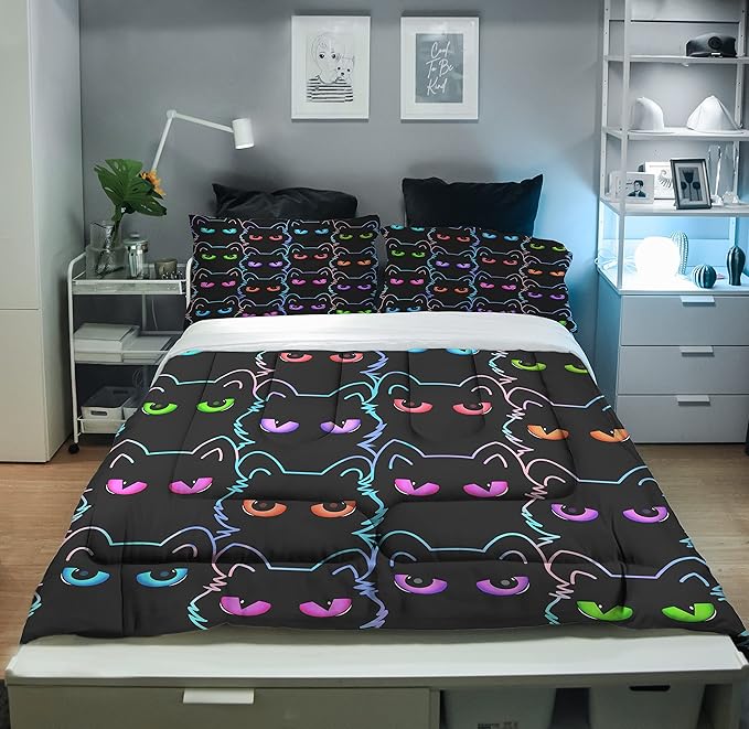 Sunnycitron Cartoon Cat Bedding Cute Cat Comforter Twin Black Cat Comforter set Gradient Line Cat Quilt 3D Neon Cat Bed set Black Cat Bedding set for Teens Kids Boys Girls Adults