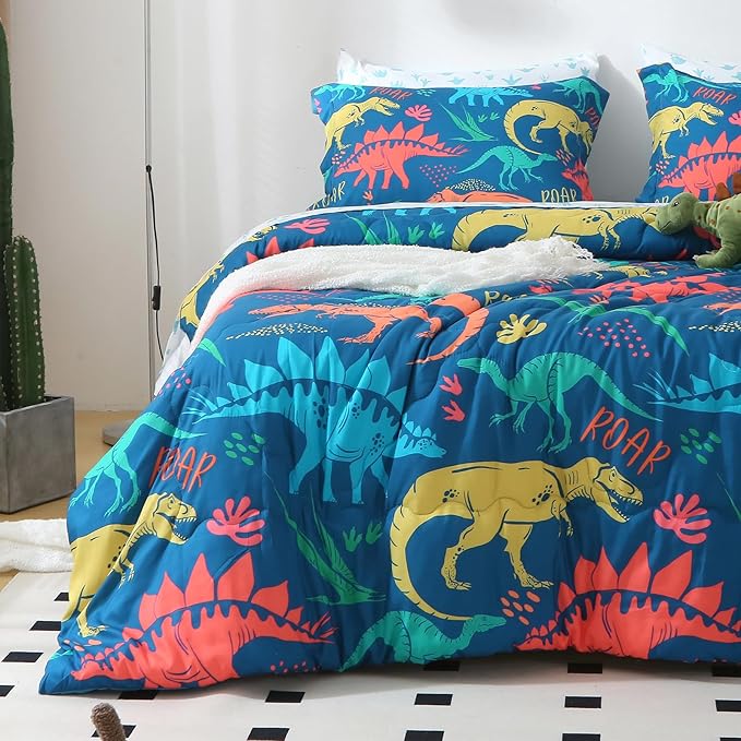 Wajade Boys Dinosaur Comforter Set Bed in A Bag Twin Size 7 Piece 3D Blue Dinosaur Print Bedding Set for Kids Teens(1 Comforter, 1 Flat Sheet, 1 Fitted Sheet, 2 Pillowcase and 2 Pillow Sham)
