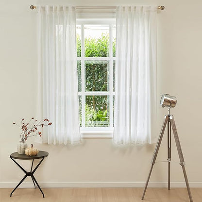 MYSKY HOME Short Curtains for Bedroom Small Windows, Light Filtering Sheer Drapes Boho Decor Country Style Kitchen Bathroom Panels Set, Light Filtering Privacy Blind, 50x54, Natural, 2 Pieces