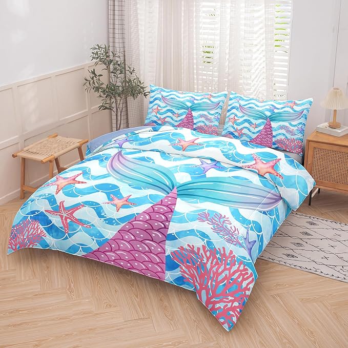 NINENINE Mermaid Tail Bedding Sets for Teens Girls, Princess Comforter Set, Blue Glitter Bedding Sets for Teens Girls,Sea Animal Kids Fish Scales Comforter Sets with 1 Comforter 2Pillowcases