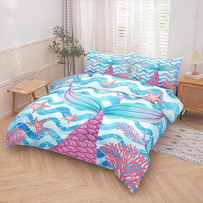 NINENINE Mermaid Tail Bedding Sets for Teens Girls, Princess Comforter Set, Blue Glitter Bedding Sets for Teens Girls,Sea Animal Kids Fish Scales Comforter Sets with 1 Comforter 2Pillowcases