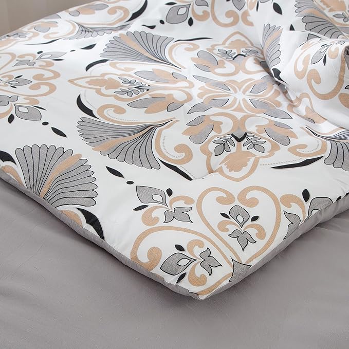 EMME Twin Comforter Set - Grey White Floral Bedding Set 5 PCS with Geometric Flowers Pattern, Soft Plant Printed Botanical Bed Set with Sheets,Fluffy Bed Bag for All Season(68"X90")