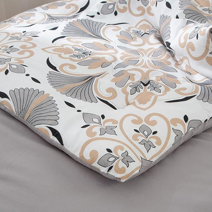EMME Twin Comforter Set - Grey White Floral Bedding Set 5 PCS with Geometric Flowers Pattern, Soft Plant Printed Botanical Bed Set with Sheets,Fluffy Bed Bag for All Season(68"X90")