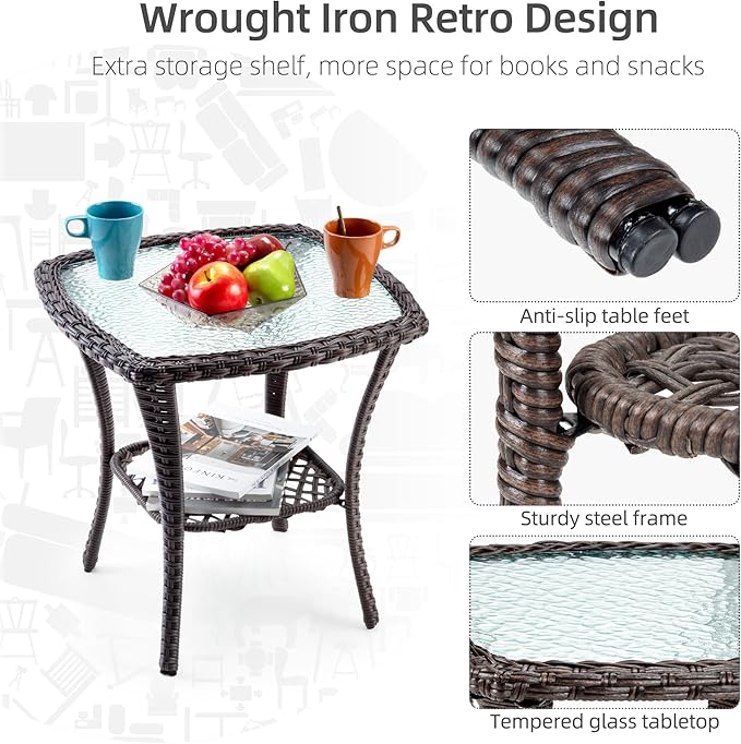 IDEALHOUSE 3 Pieces Outdoor Wicker Swivel Rocker Patio Set, 360-Degree Swivel Rocking Chair Elegant Wicker Patio Bistro Set with Tempered Glass Top Side Table (Rust Color)