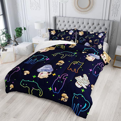 Mushroom Kawaii Cat Comforter Set Queen Size Kids Mushroom Bedding Set Star Theme Quilt Bed Set for Boys Girls Adults with 1 Comforter and 2 Pillowcases