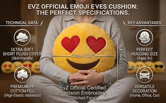 EvZ Official Certified Sinister Emoji Pillow - 32cm Large Soft Plush Smirking Face Emoticon Cushion - Funny Mischievous Decorative Stuffed Toy for Gaming Room, Office Humor (Yellow)