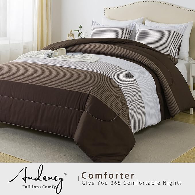 Andency Stripe Comforter Set Full Size (79x90 Inch), 3 Pieces Brown Patchwork Striped Comforter, Soft Microfiber Down Alternative Comforter Bedding Set with Corner Loops