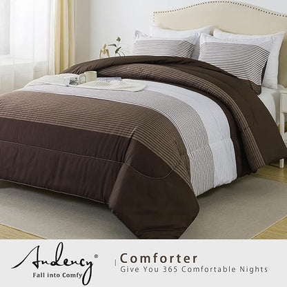 Andency Stripe Comforter Set Full Size (79x90 Inch), 3 Pieces Brown Patchwork Striped Comforter, Soft Microfiber Down Alternative Comforter Bedding Set with Corner Loops