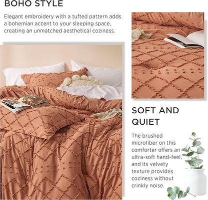 Bedsure Queen Comforter Set - Pumpkin Comforter, Boho Tufted Shabby Chic Bedding Comforter Set, 3 Pieces Vintage Farmhouse Bed Set for All Seasons, Fluffy Soft Bedding Set with 2 Pillow Shams