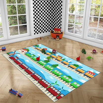 Train Rug Car Rug Play Mat Truck Rugs for Boys Room Kids Car Rug Truck Car Rug Car Carpet for Kids Kids Rugs for Playroom Car Rug for Boys Room,Light Blue 3'×4'