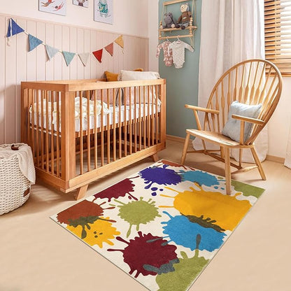 Colorful Kids Room Rug, 3'x5' Machine Washable Rug for Playroom, Paint Splatter Rainbow Area Rugs for Classroom, Soft Aesthetic Nursery Rug Throw Kids Play Mat for Bedroom Office Preschool