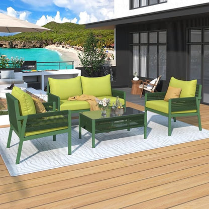 4 Piece Patio Furniture Set, Outdoor FSC Certified Acacia Wood Conversation Set, All-Weather Rope Sofa Set w/Tempered Glass Table, Loveseat for Lawn Balcony Poolside, Backyard, Backyard