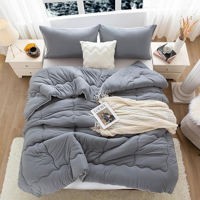COTTEBED Warm Softness Twin Comforters Sets for Girls Kids College Dorm, Thick Breathable Fluffy Cozy Comfy Bed Down Comforter & Pillowsham Winter, Twin/Twin XL Dark Gray