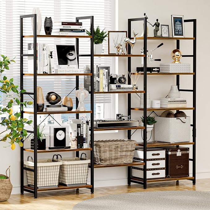 NUMENN Triple Wide 5 Tier Bookshelf, Rustic Industrial Style Bookcases with 14 Open Display Shelves, Modern Tall Bookcase Furniture for Bedroom, Living Room and Home Office, Vintage